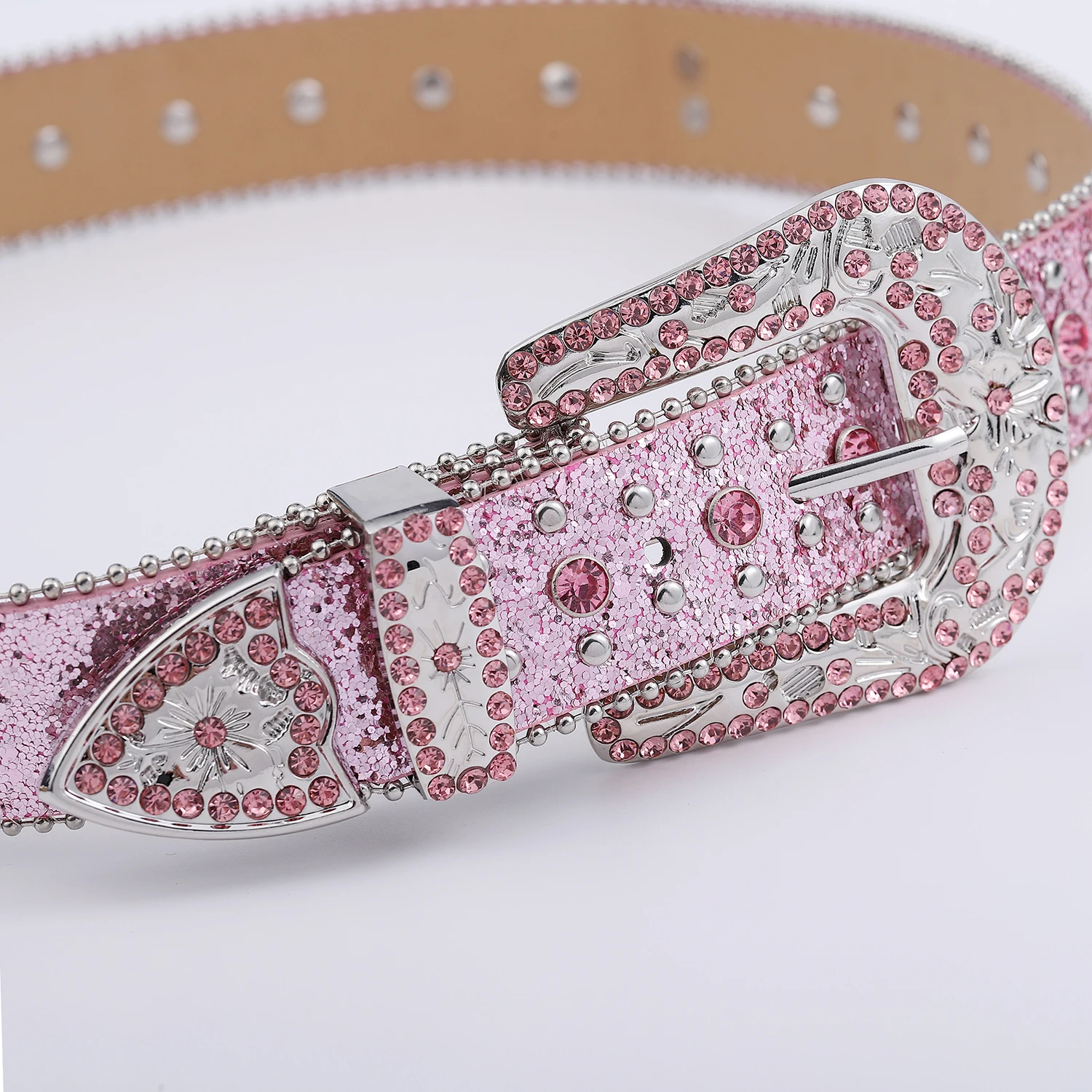 Pink cross-rivet Rhinestone belt sparkles, punk rock inlaid leather belt for men\'s jeans