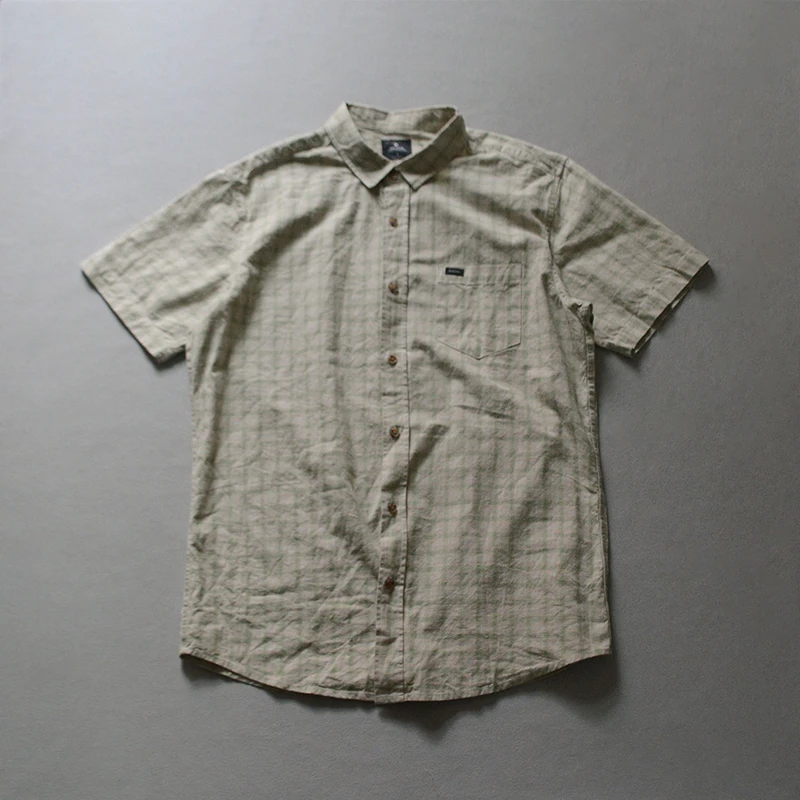 

Retro Linen Cotton Men's Casual ort Sve irt Plaid Khaki een Loose Fit Breathable Summer irt arp Collar Design