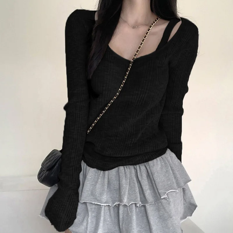 Casual two-piece long sleeved T-shirt solid color versatile pit stripe pullover round neck base top autumn