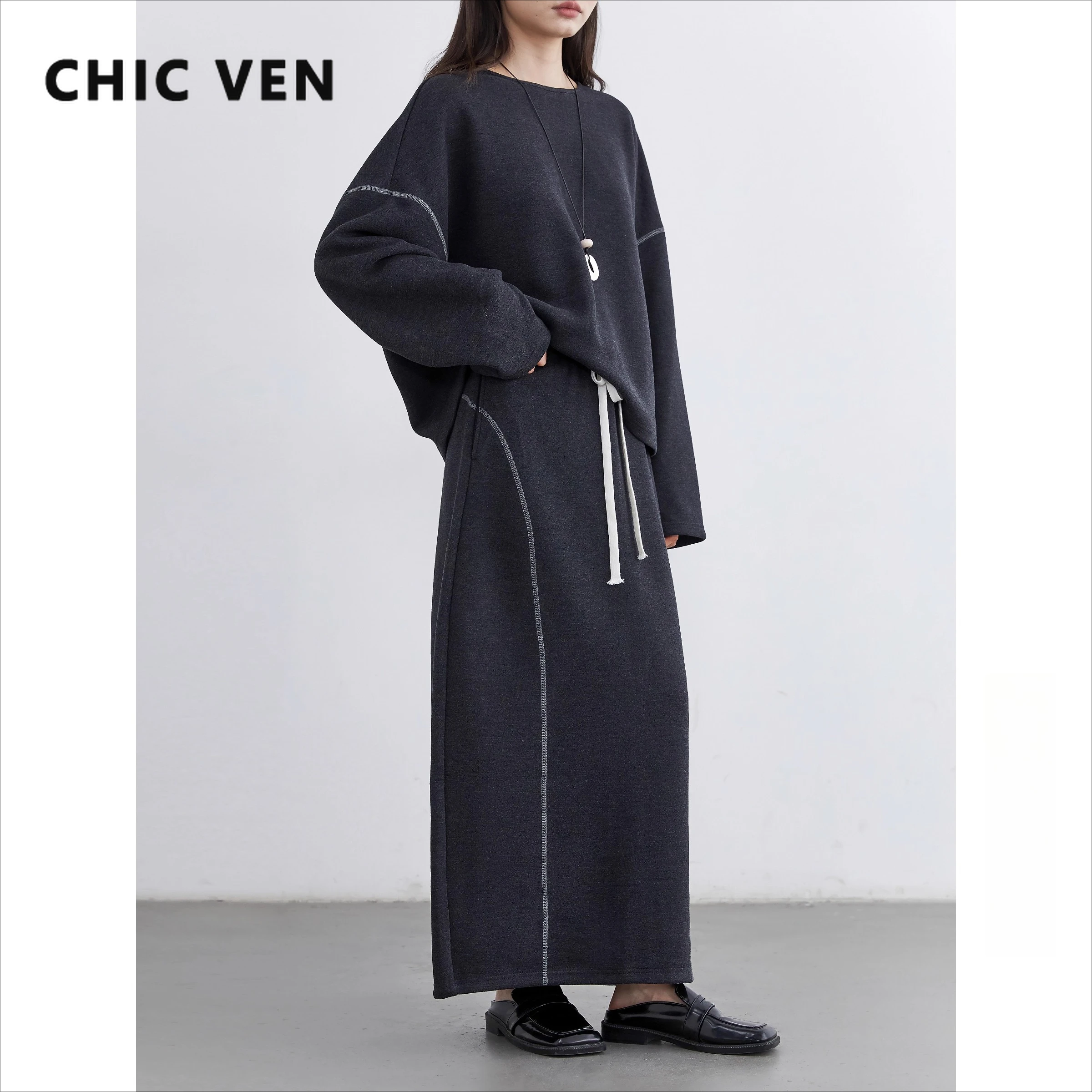 

CHIC VEN Women Dress Sets New Knitted Sweatshirt O Neck Split Drawstring Female Half Skirt Soft Line Coat Autumn Winter 2025