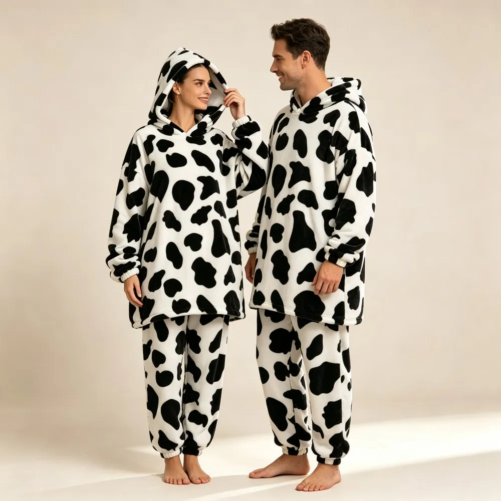 Matching Couple Pajamas Set Halloween Pumpkin Print Winter Oversize Blanket Hoodie and Pants Men Homewear Flannel Woman Pyjamas - view 3
