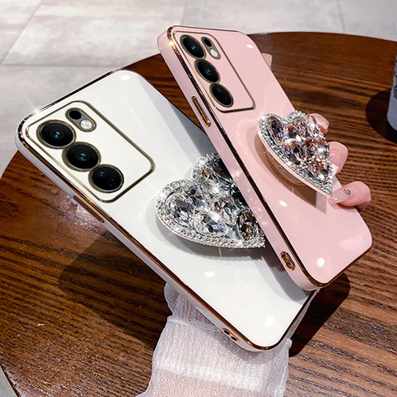 Fashion Diamond Heart Case For vivo V20 SE V21 V21E V23 V23E V25E V27E V29E Y02S Y33S Y51 Y20 Y30 Y21 Plating Bracket Cover Caqa