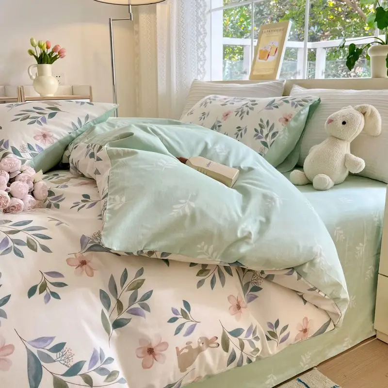 Green Floral Bedding Set Ins Fashion Twin Full Queen Size Duvet Cover No Filler Flat Sheet Pillowcase Girl Home Totel Bed Linens