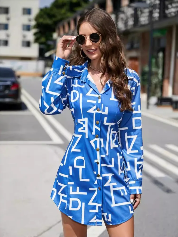 

Spring Autumn Women's Fashion Printed Dresses Sexy Waist Button Shirts Casual Commuter Shirts Dress For Female 2025 New Clothing