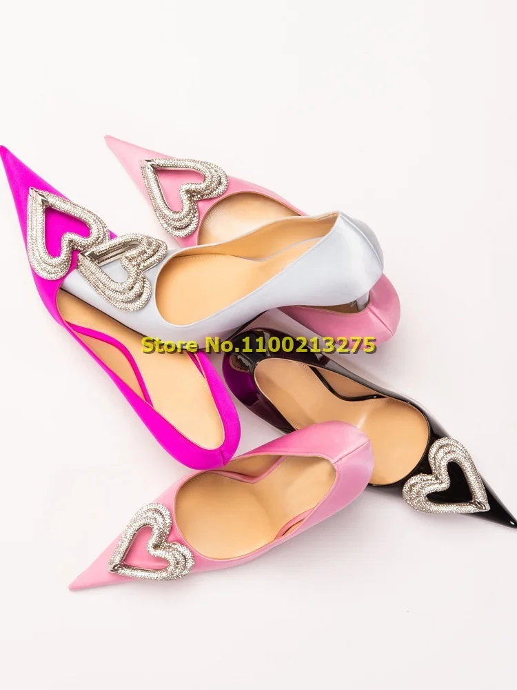 Crystal Heart Shape Pink Pumps Sexy Pointed Toe Stiletto Thin High Heel Slip On Shallow Fashion Women Shoes Black Blue Solid