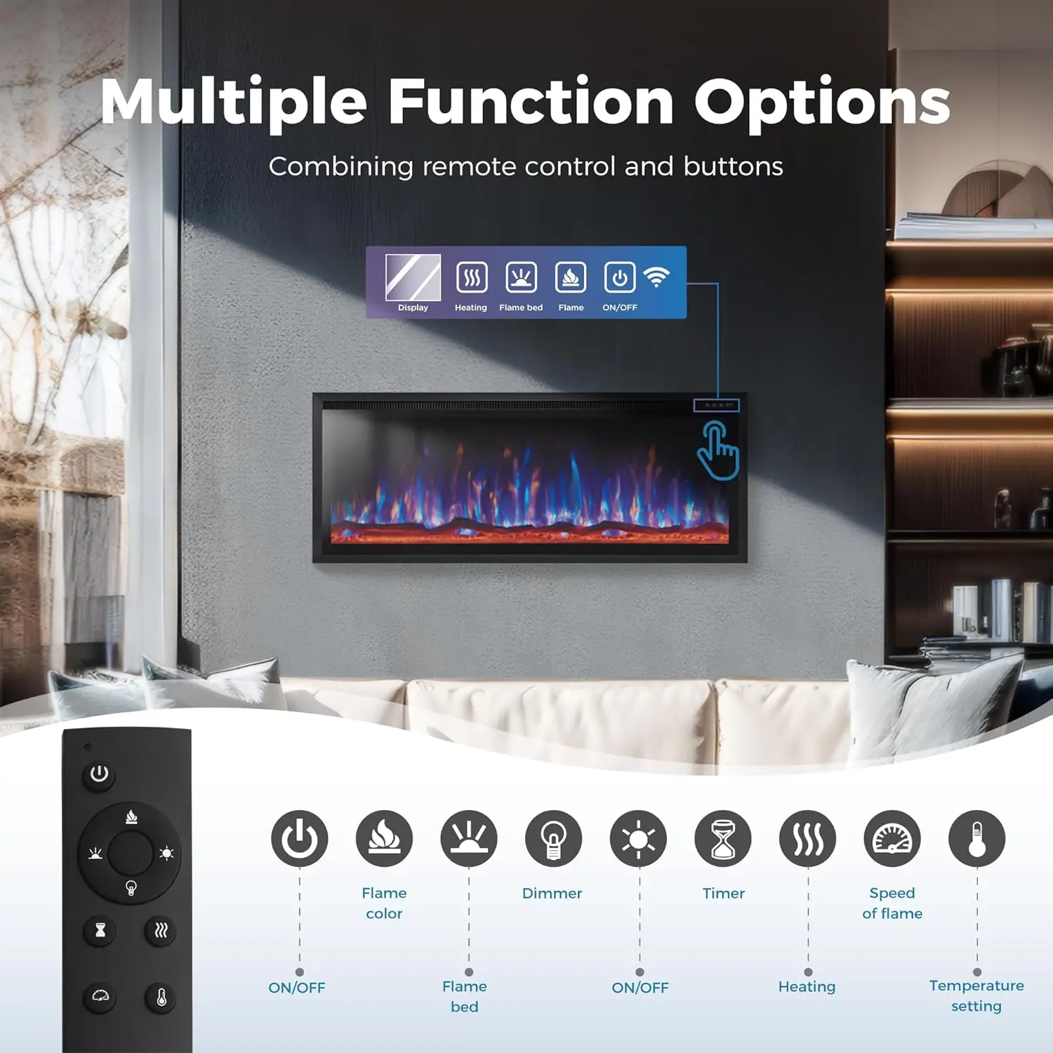 Slimline Wall-Mounted Electric Fireplace Heater, Recessed Design with Remote Control
