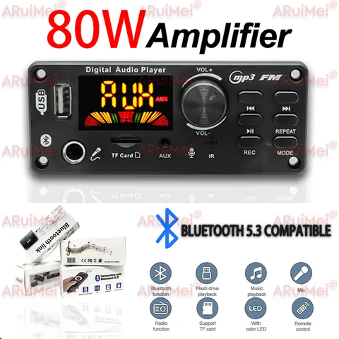 80W  Bluetooth  MP3 Decoder Board 2*40W 80W Amplifier Audio Player 12V DIY MP3 Player Car FM Radio Module TF USB Mic Record Call
