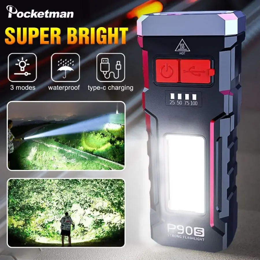 Torcia LED super luminosa + COB con luci laterali 3 modalità Torce ricaricabili USB Torcia portatile con luce di emergenza esterna