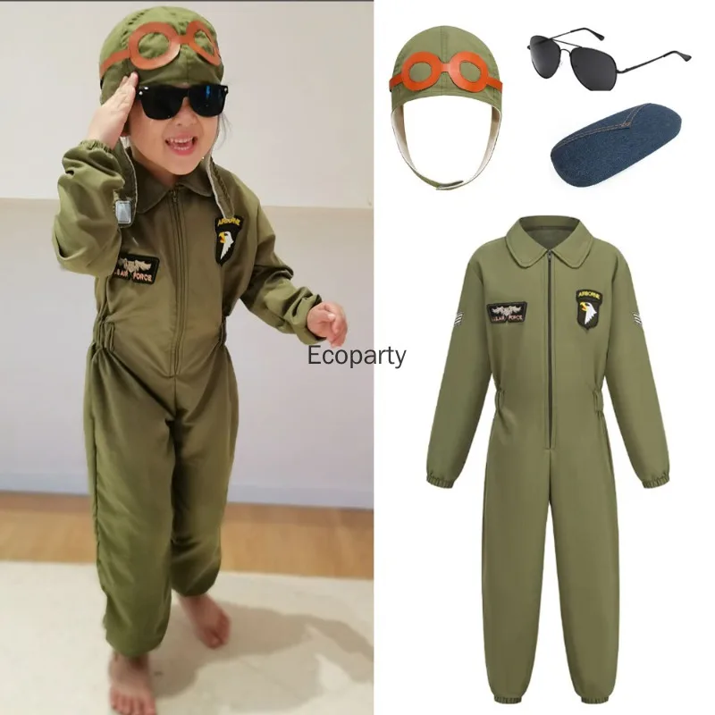 أطفال القوات الخاصة سلاح الجو ازياء بنين بنات الطيار تأثيري موحدة البدلة بذلة مع قبعة الأطفال هالوين بوريم فستان #1