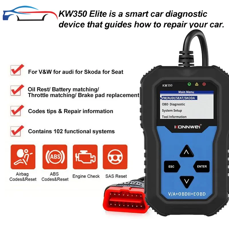 KONNWEI KW350 OBD2 Car Scanner Professional Code Reader Scanner OBD2 Auto diagnostic Tool for AUDI/SEAT/SKODA/VW Golf Obd2