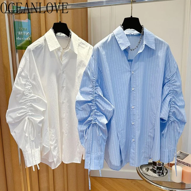 OCEANLOVE Striped Drawstring Women Shirts&blouses Spring Autumn Korean Fashion Blusas Feminina Elegant Simple Camisas Tops