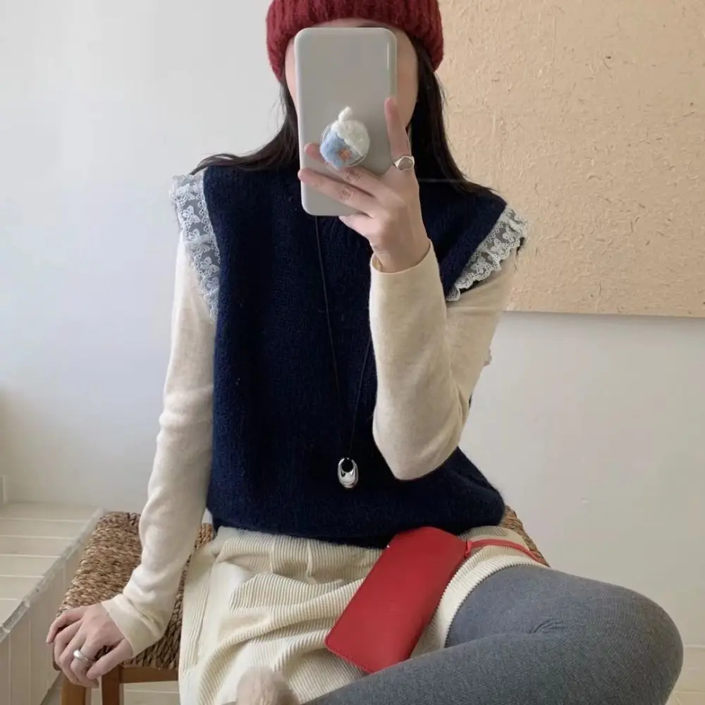 

Casual Round Neck Lace Sleeveless Sweater Pullover Korean Style Knitted Waistcoat Top Sweet Solid Color Vest Crop Top Girls