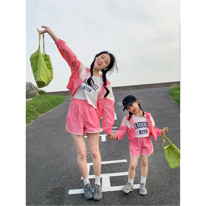 Summer Parent-Child Holiday Vacation Sun-Proof Set Casual Mother and Daughter Pink & White Contrasting Color Sunscreen Sets Outd