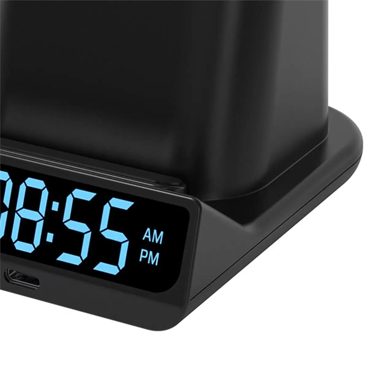 A32I Pen Holder Storage Box Electronic LED Alarm Clock with Brightness Adjust 15W Wireless Charger Table Clock Black