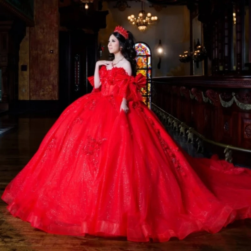 Robes de Quinceanera rouge brillant, épaules dénudées, dentelle appliquée, perles, nœud en cristal, Corset en tulle, robe de fête d'anniversaire, douce 16 ans