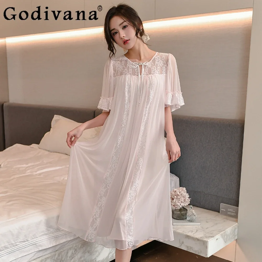 

Pajamas Women's Summer Short Sleeve Sexy Princess Sleepwear Court Style Lace Nightgowns Homewear