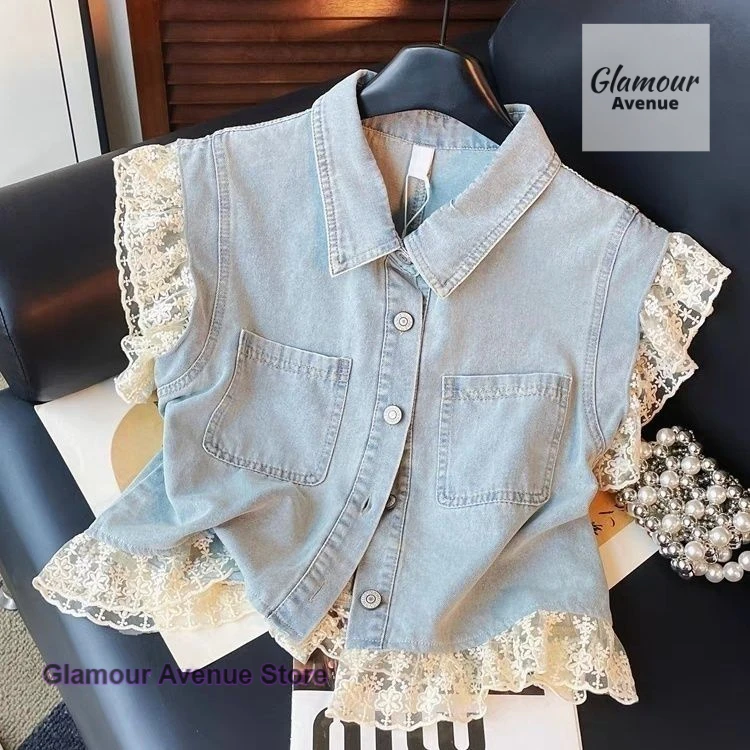 الفرنسية عالية الجودة الدانتيل خياطة قصيرة الدنيم سترة المرأة الصيف موضة جديدة فضفاضة البرية تحلق الأكمام معطف غير رسمي بسيط. #1