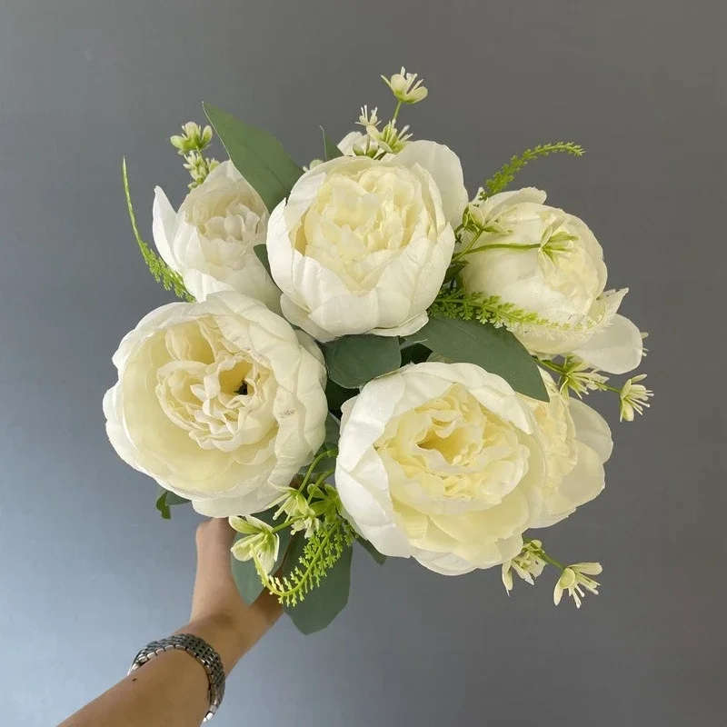 3/4 Stück Hochzeits-Pfingstrosen in Rosa, herzförmig verpackt, künstliche Blumen, 7 Blütenköpfe, Pfingstrosenstrauß, Seidenblumen, Heimdekoration – Detail 19