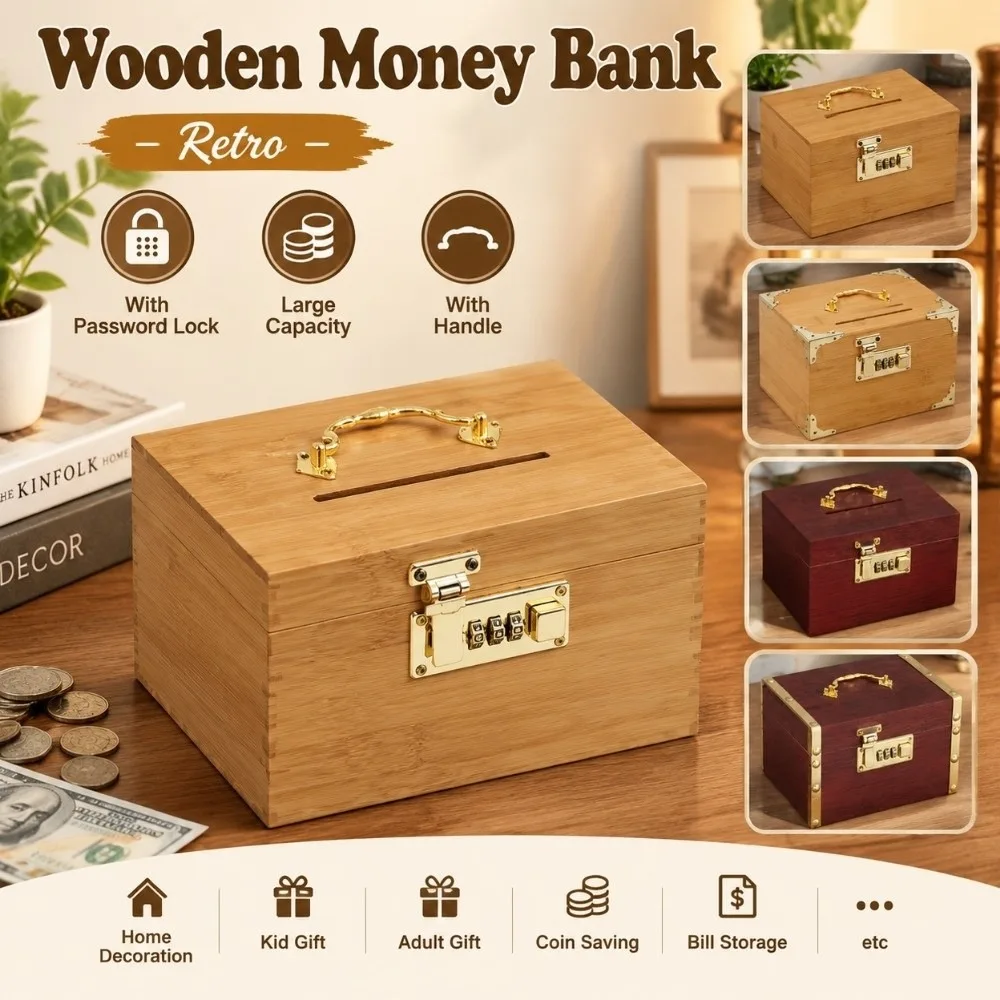 Retro Wooden Money Bank Large Capacity With Handle Piggy Bank Three-digit Password With Password Lock Treasure Storage Box