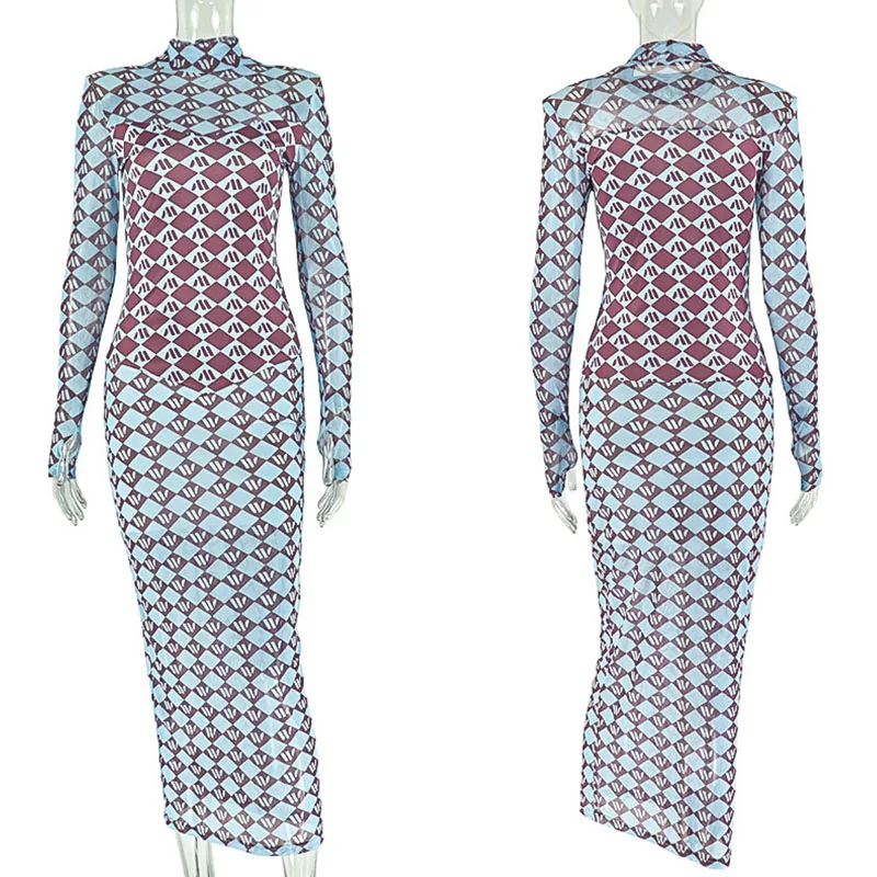 Seksowna, siateczkowa, dopasowana sukienka maxi, odzież damska, długi rękaw, patchworkowy nadruk, elastyczna, na imprezę do klubu nocnego, długa sukienka na urodziny.