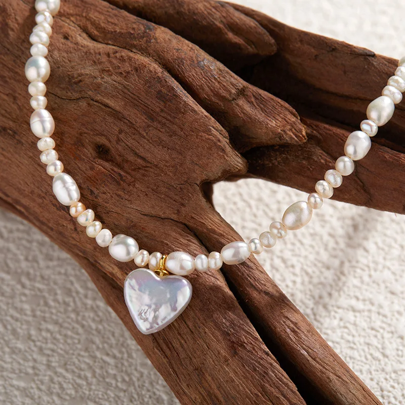 

Broken Silver Natural Pearl Heart Necklace Bracelet New Simple Light Luxury Fashion VersatileS925Sterling Silver Jewelry