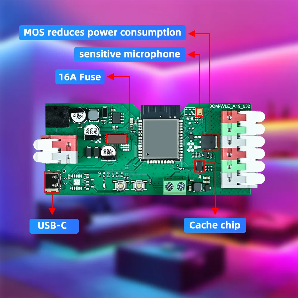 Domraem DIY ESP32 WLED Digital Music Controller USB-C for WS2812B/14/15/05, works with MQTT, Home Assistant & Alexa dc12-24v 16A