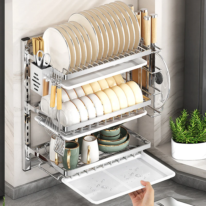 Dish Rack Wall Mounted Multifunctional Storage Rack No-hole Cupboard with Chopsticks Knives Plates Draining Storage Kitchen