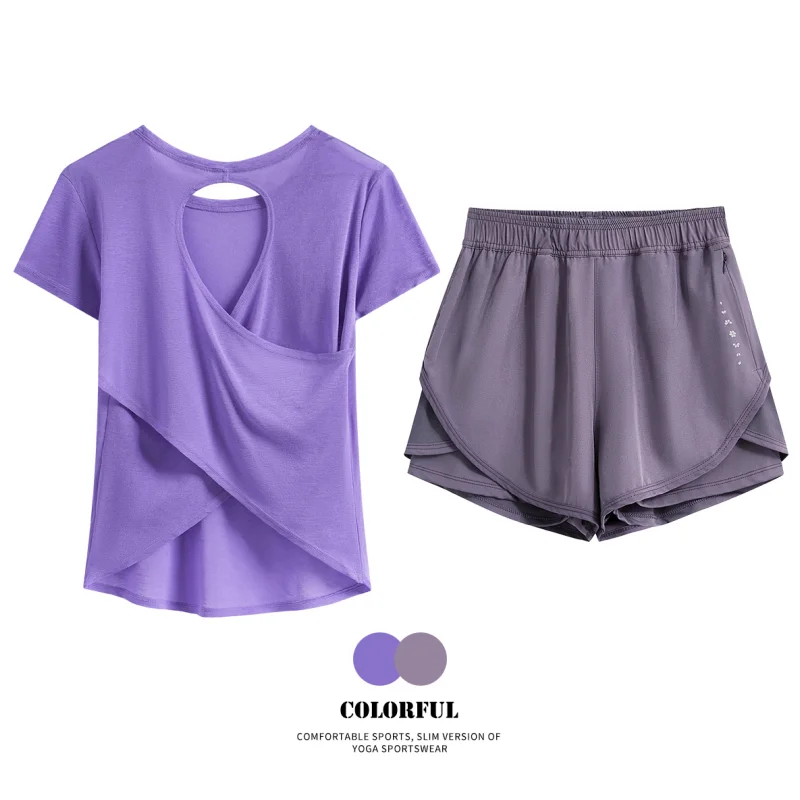 DRUR Lightweight Loose Yoga Set With Summer Thin Backless Sports Shirts With 2 in 1 Gym Shorts Matching Fitness Running Outfit