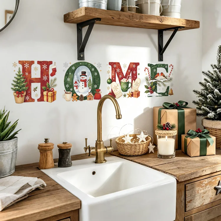 Weihnachten Zuhause Englische Wandaufkleber Schneemann Weihnachtsbaum Raumdekoration Wandbild Küche Restaurant für Neujahrsdekoration Aufkleber – Detail 5