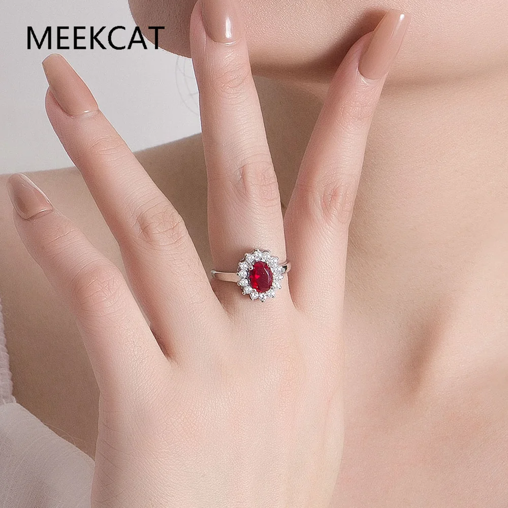 

Кольцо из стерлингового серебра 925 пробы с красным рубином в стиле принцессы Дианы, регулируемое, для женщин, модное, с овальным драгоценным камнем, ювелирное украшение, подарок на свадьбу