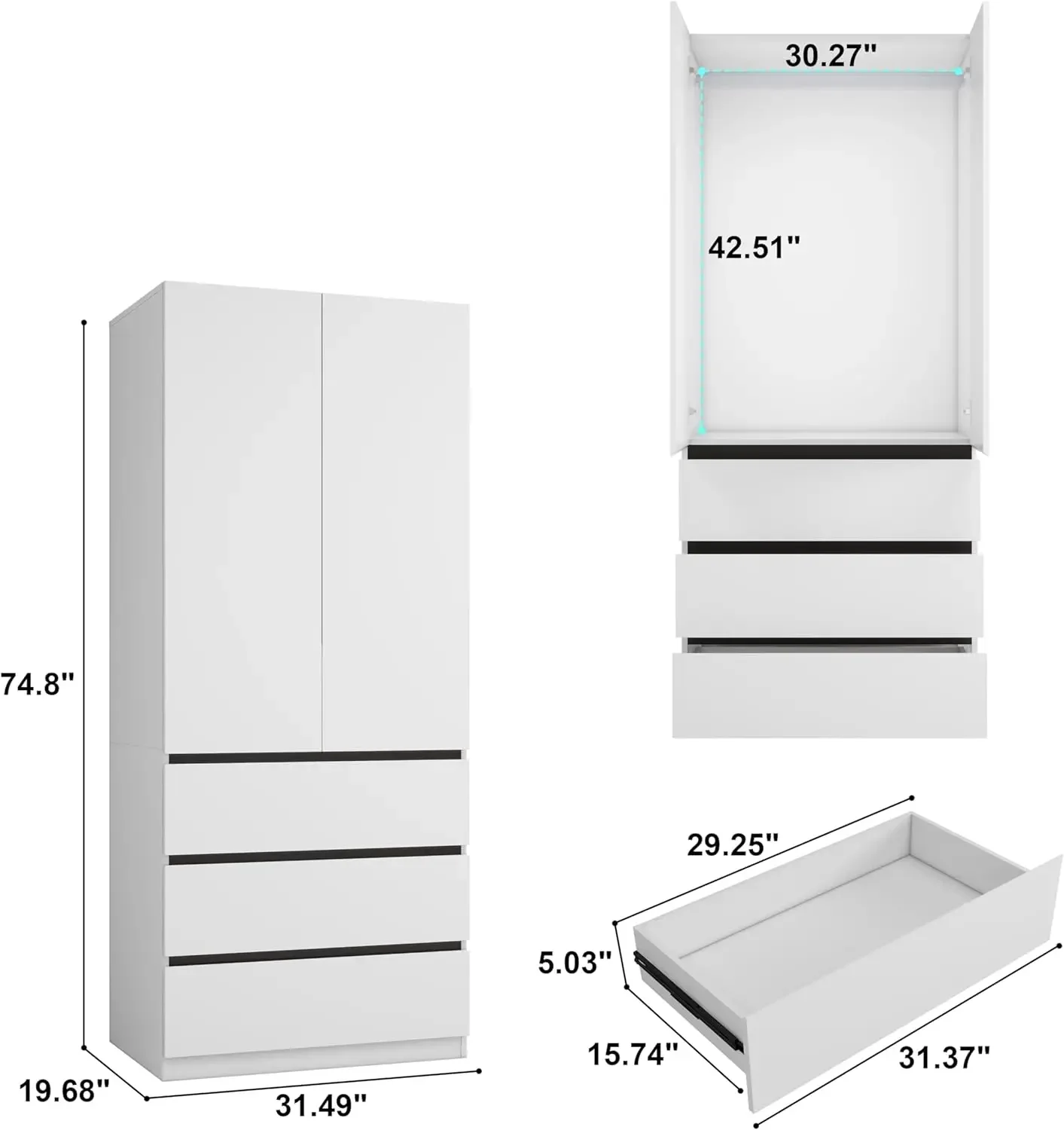 Bedroom Armoire Wardrobe Closet with 3 Drawers: 75