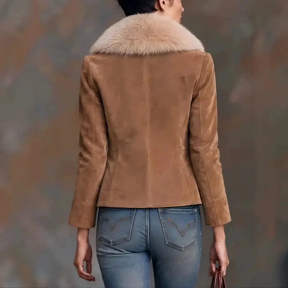winter Elegant Women Faux Fur Collar Suede Jacket Long Sleeve Button Down Cropped Coat With Pockets Vintage Outerwear