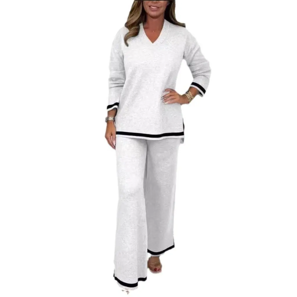Traje de pantalones de punto de otoño e invierno para mujer, conjunto superior e inferior de manga larga con temperamento informal de Color sólido para estación independiente
