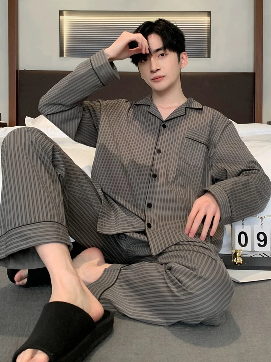 Pajamas Spring and Autumn Men's Long-Sleeved Trousers Cardigan Loose Lapel Large Size Home Clothes Spring Suit