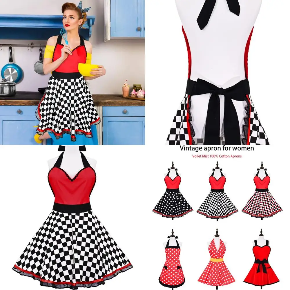 

Симпатичные женские фартуки в стиле ретро с карманом, красное кружево в винтажном стиле, клетчатые, с рюшами, оборками, рождественские, кавайный хлопок, горничная 50-х годов, комплект