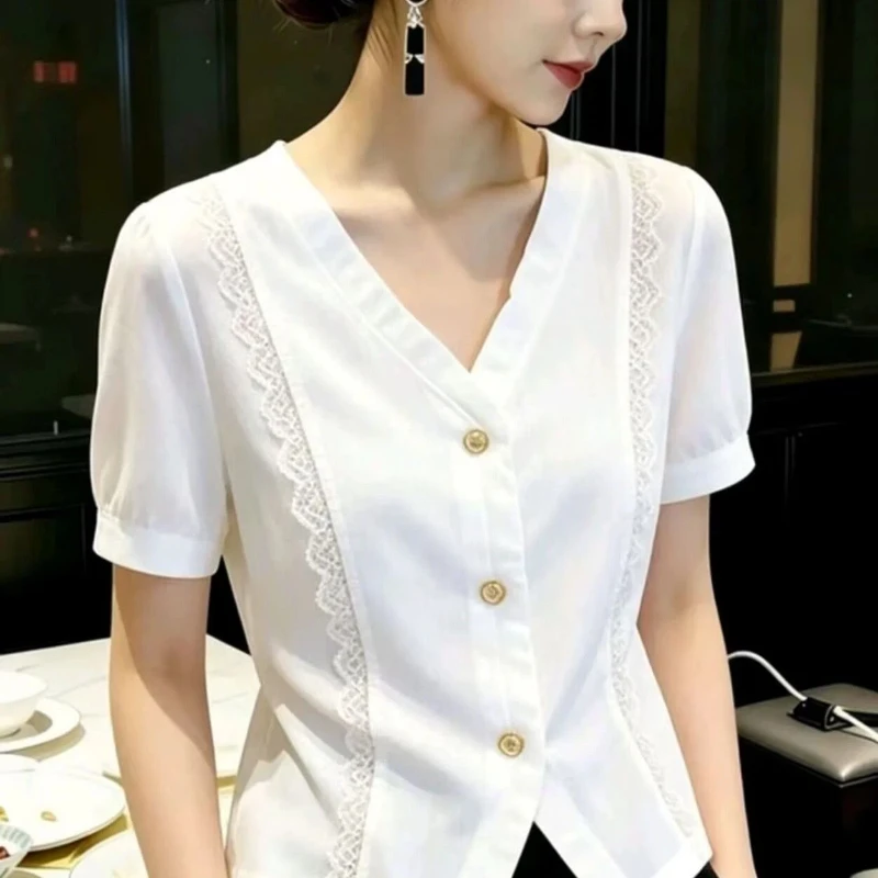 Summer New V Neck Button Temperament Solid Blouse Short Sleeve Lace Patchwork Elegant Shirt Tops Vintage Fashion Women Clothing