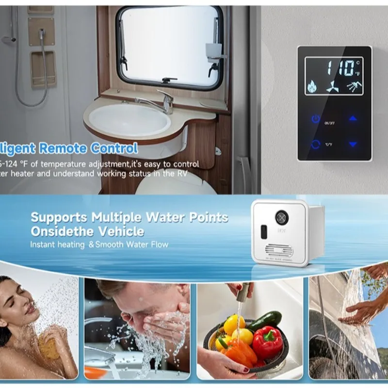 Portable LPG RV Water Heater, 12V, Instantaneous, Thermostatic, Black for Cross-border Use