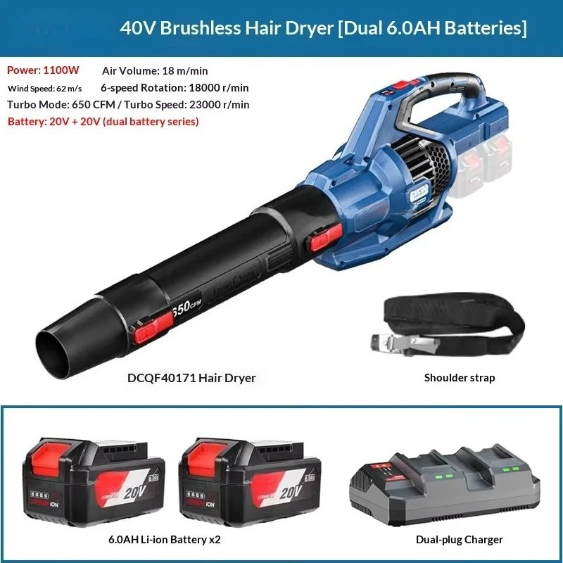 Industrial Lithium Battery Hair Dryer Adjustable Speed Dual-Purpose Blower/Vacuum Computerized Dust Collector 160mph Max Air