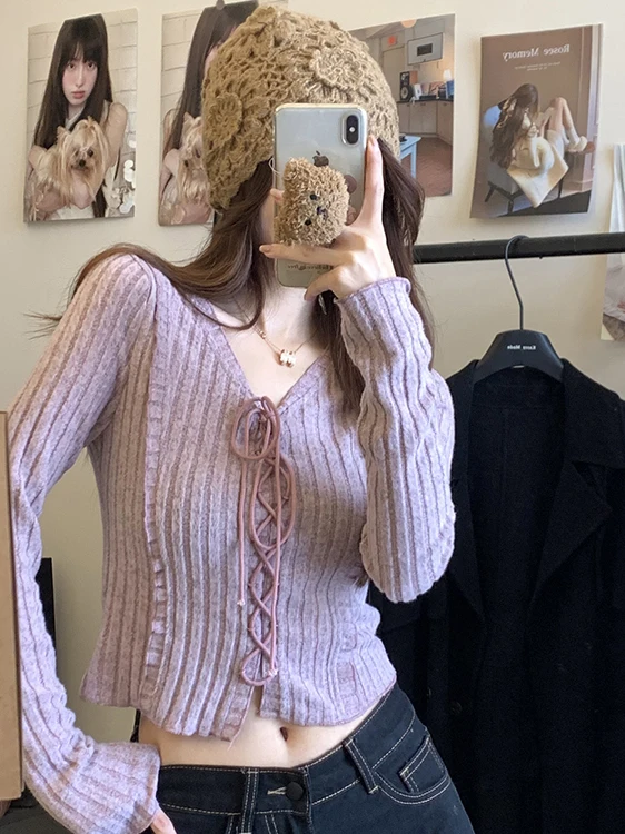 

Модный трендовый вязаный свитер с длинными рукавами для женщин, зимний дизайн, с поясом, укороченный топ для миниатюрных.