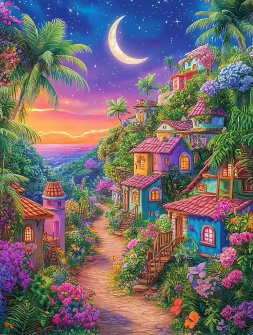 

500/1000/1200/2000PCS Jigsaw Puzzles Coconut Tree Cottage Scenery Family Activity Games for Gameroom Bedroom Home Decor Gift