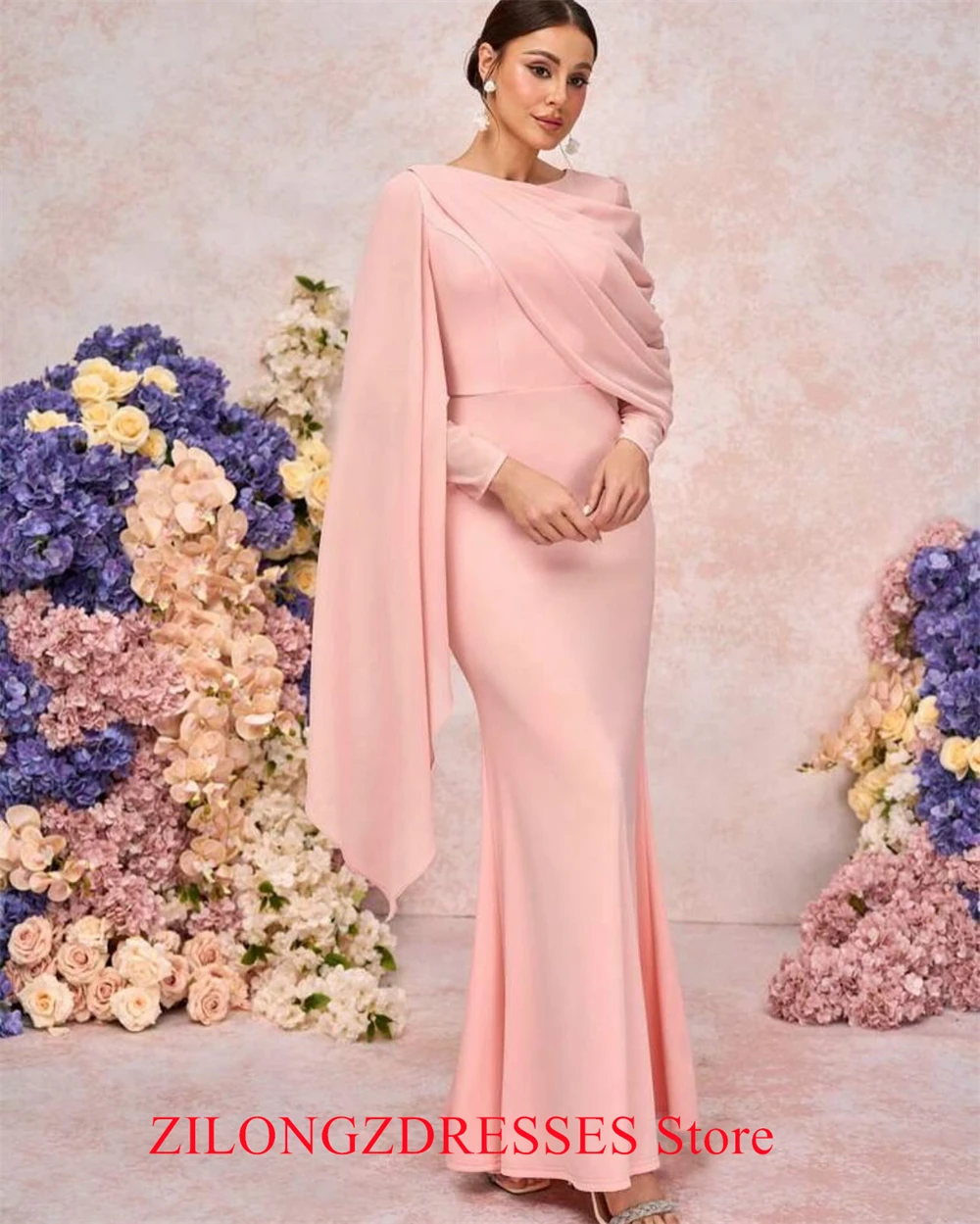 Customized  Mermaid Simple Pink Jersey Evening Dress Elegant Long Sleeves Homecoming Dresses Modern Special Occasion Go image 2