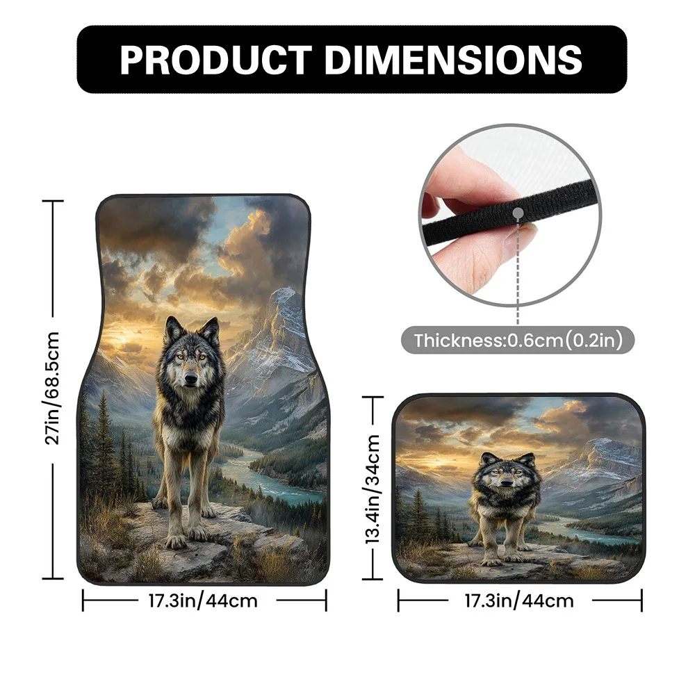 2D Flat Printing, 4-Pcs Wolf In Mountain Landscape Pattern Car Floor Mats, Polyester Floor Mats, Universal Fit For Car, SUV, And