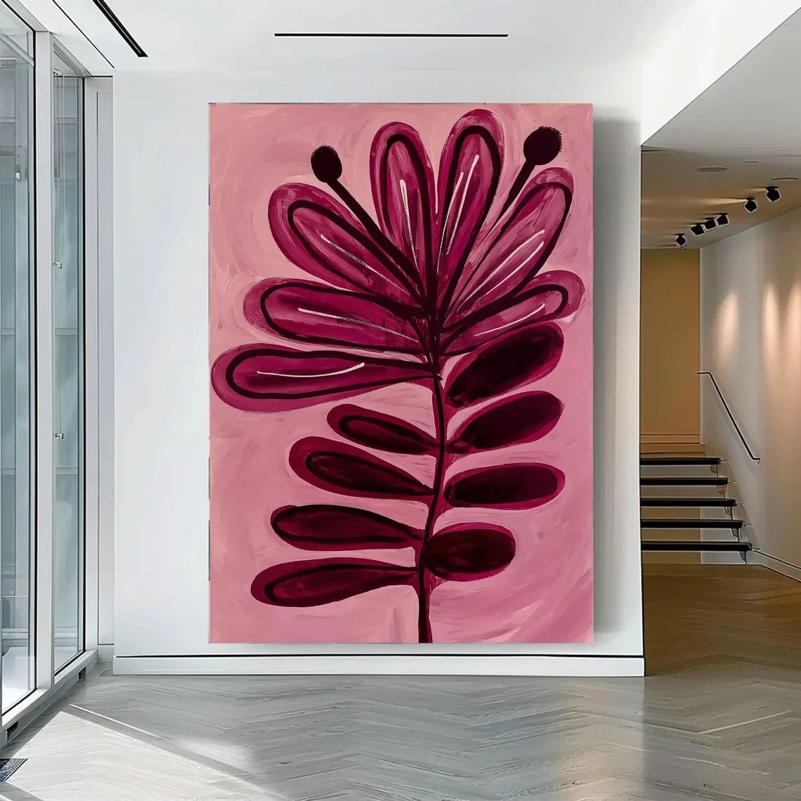 1pc Pink and Burgundy Abstract Wall Art - Scandinavian Modern Minimalist Vertical Flower Painting, Soft Mauve & Blush Pink In
