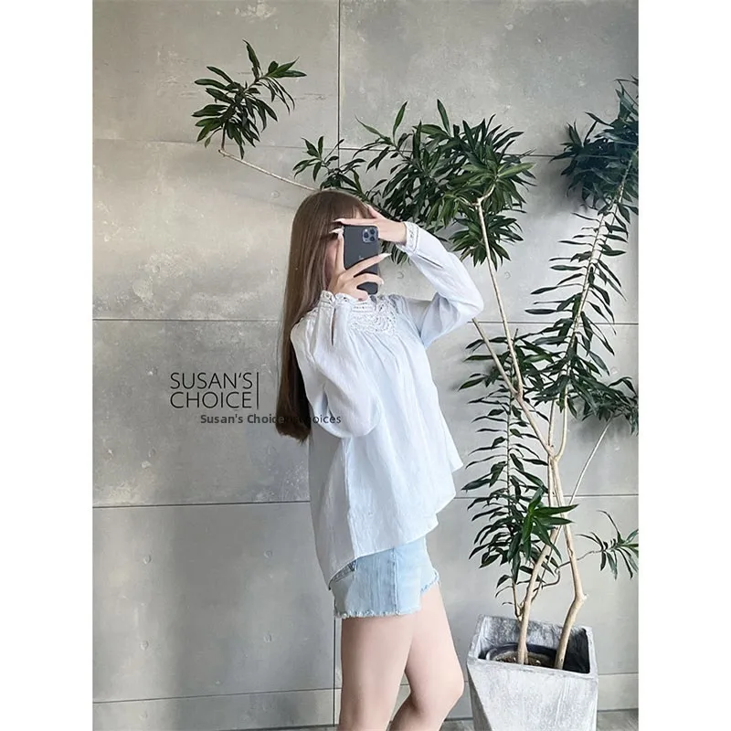 

Susan French Sle Loose Long Sve круглый Ne кружевной крючок с цветочным принтом женский топ весна-лето универсальный два цвета