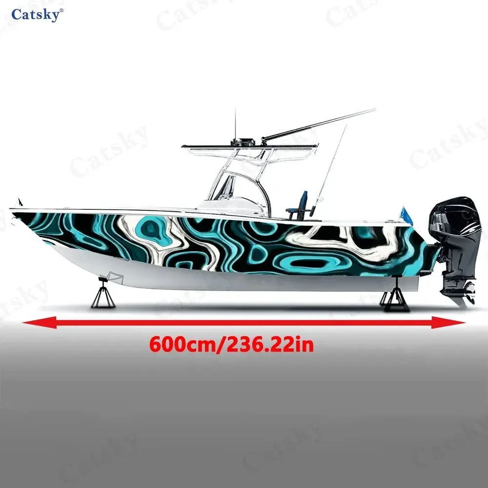 Turquoise & Black Swirl Boat Hull Decal, PVC Waterproof Durable Vinyl Wrap Decals for Fishing Boats, Durable and Stylish Design
