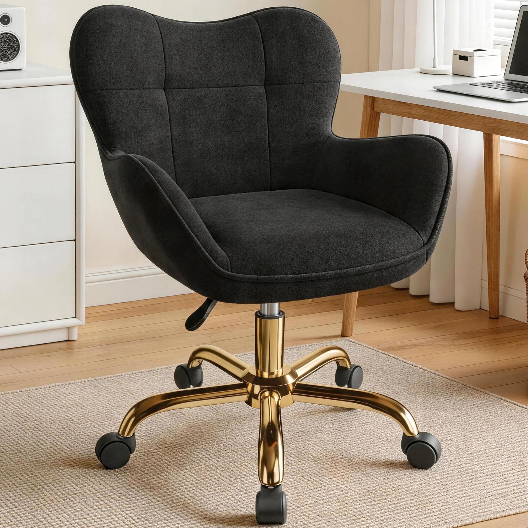 KERDOM Vanity Chair with Wheels and Back, Velvet Home Office Desk Chairs with Swivel, Desk Chair with Upholstered Modern Tufted & Gold Metal Base, Makeup Chair with Adjustable Hight & Armrest, for Living Room, Bedroom, Office, Vanity Study, Black