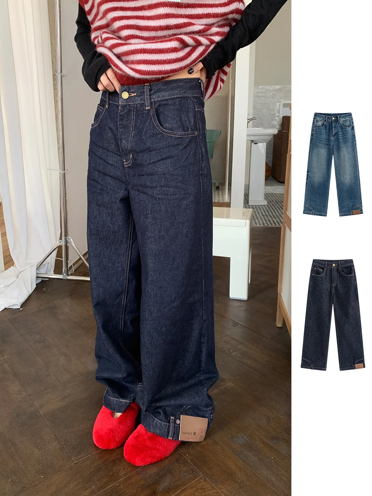 

Новый бренд YANAG Джинсы с перевернутой талией GoGoBuyer St Store Повседневная хлопковая ткань с открытой талией Свободного покроя