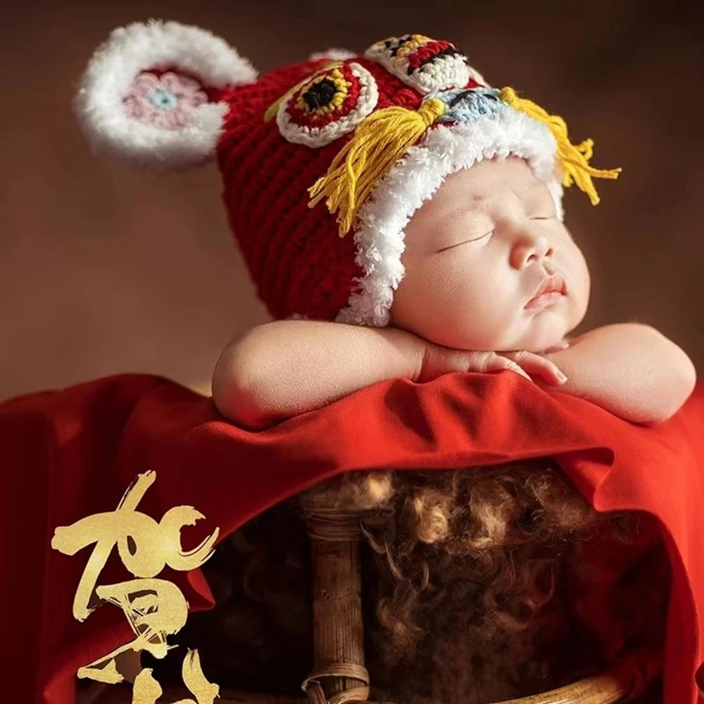 Newborn Photography Props Lion Dance Hat Baby Photo Shoot Outfit Infant Crochet Lion Head Bonnet Chinese New Year Prop