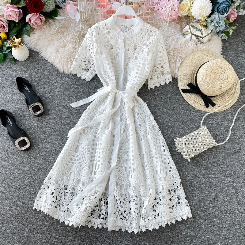 Korean Autumn New Hollow Out Style Celebrity Fashion Standing Neck Lace Dress Short Sleeve Single Breasted Waist Long Dress