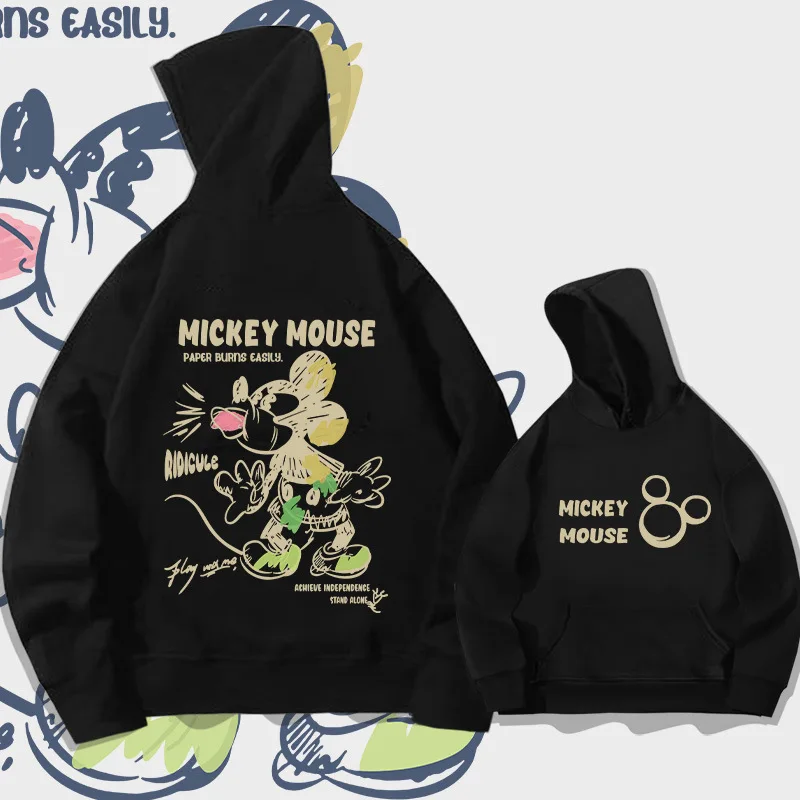 Disney mickey mouse moletom com capuz para jovens homens e mulheres marca de moda solta ombro caído manga longa topos